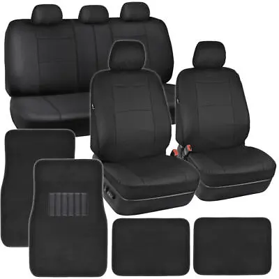 Car SUV Auto Front & Rear Black PU Leather Seat Covers +Carpet Floor Mats⭐⭐⭐⭐⭐ • $44.99