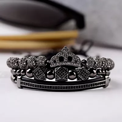 Luxury Women Men Zircon Crown Bead Macrame Adjustable Queen King  Charm Bracelet • $18.95