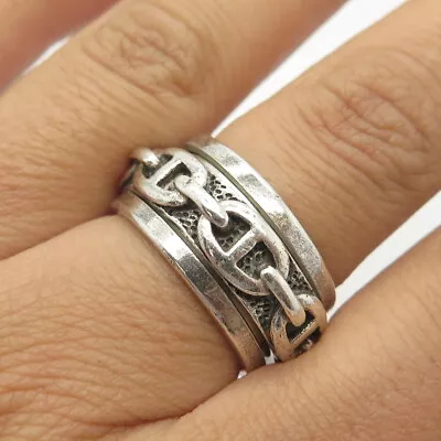 925 Sterling Silver Vintage Anchor Mariner Link Rotating Band Ring 7.5 • $94.95