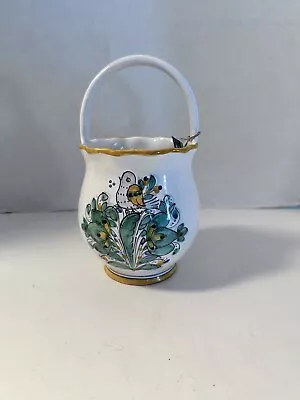 Hand Painted Majolica Basket White Blue Yellow Green Bird Slovenska Cudova 9” • $15