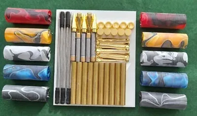 ACRYLIC PEN BLANKS PRE BORED   + 5  24CT GOLD  SLIMLINE   PEN KITS 7m NO1 • £21.50