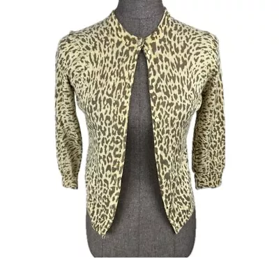 Vtg J Crew 100% Wool Thin Cardigan Sweater Leopard Print Sz Lg But Fits S XS • $12.99