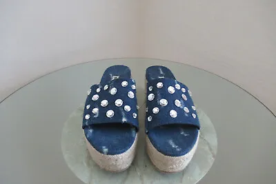 Auth Miu Miu Blue Denim Crystal Jeweled Jute Platform Espadrille  Sz 7 1/2 Ret$6 • $298