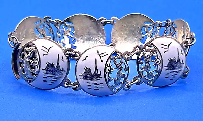 Vintage Sterling Silver Thailand Siam White Enamel Panel Link Bracelet  • $28