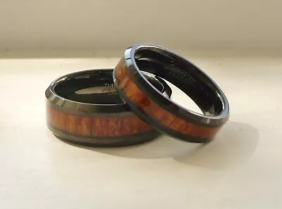 TUNGSTEN CARBIDE HIS & HER WEDDING BAND RING SET Hawaiian Koa Wood Inlay 5-15 • $62.99