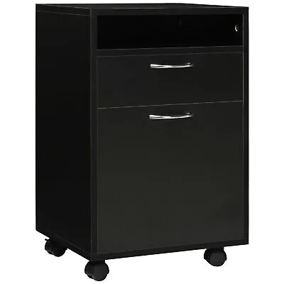 HOMCOM 60cm Storage Cabinet W/ Drawer Open Shelf Metal Handles 4 Wheels Black • £34.99