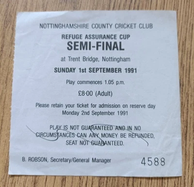 £5.75 • Buy Notts V Worcestershire 1991 Refuge Assurance Cup S-Final Used Cricket Ticket
