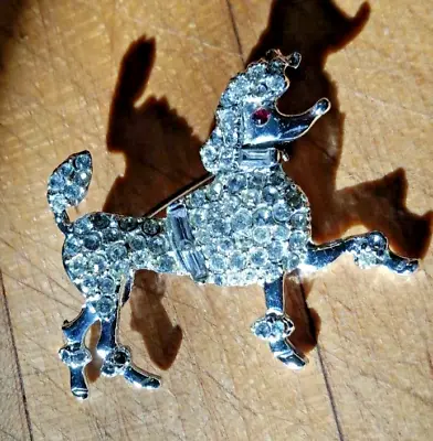 Vintage Silver Metallic Clear Rhinestone French Poodle Dog Pin Brooch • $14.95