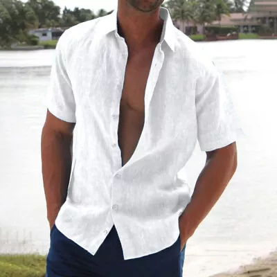 Men's Casual Button Down Shirts Short Sleeve Beach Linen Cotton Summer Shirt T • $14.59