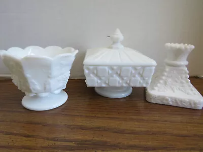3 Wesrmorland Milk Glass Candy Dish/Lid Candle Stick Holder Jardiniere • $25