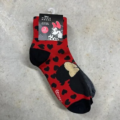 Disney Minnie Mouse 3 Pack Of Socks Womens Size 4-8 Red & Black • $12