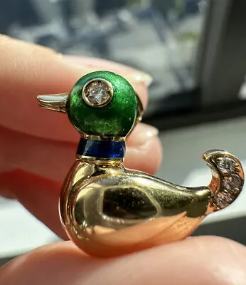 Cartier Vintage 18K Yellow Gold Diamond & Enamel Duck Pin Brooch • $2500