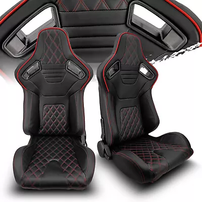 Black PVC Leather/Blue Strip/Red Stitch Left/Right Recaro Style Racing Seats • $301.38