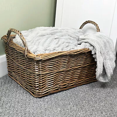 Rectangular Kubu Basket Handled Antique Wash Willow Wicker Large Home Storage • £23