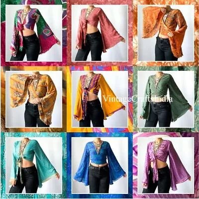 Indian Vintage Silk Sari Bell Sleeve Crop Top Retro 60s Clothing Lot Of 20 Pcs • $350.27