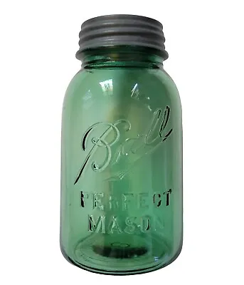 Vintage Ball Perfect Mason Dark Green Quart Fruit Jar W Zinc Lid #8 RARE! • $400