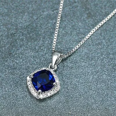 3Ct Cushion Lab Created Sapphire Diamond Necklace Pendant 14K White Gold Plated • $71.49