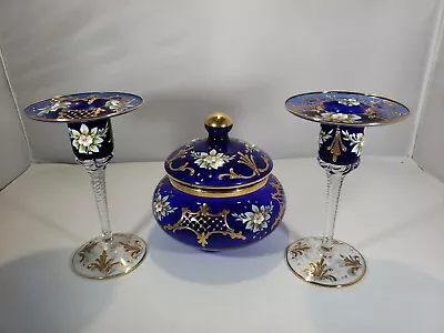 Venetian ? Cobalt Blue Glass Candle Sticks And Covered Bowl Set • $148