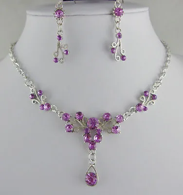 £3.99 • Buy Silver Tone Lilac Crystal Small Teardrop Necklace Set