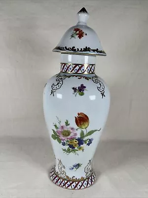 Vintage Ginger Jar Vase With Lid Floral Designs W/Gold Accents 12” • $18.95