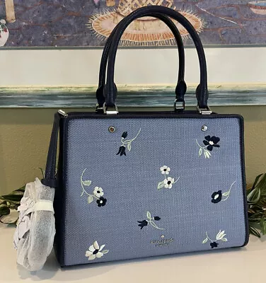 Kate Spade Leila Medium Triple Compart Satchel Bag Embroider Blue Floral Leather • $147.99