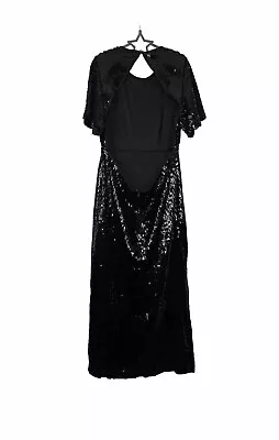 Women’s Stunning Black Sequin Long Dress Short Angel Sleeve Open Back UK Size 14 • £32