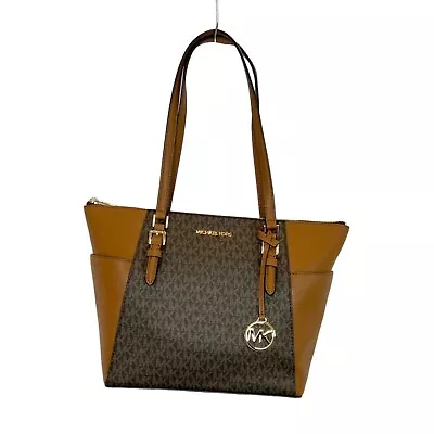 MICHAEL KORS Charlotte Large MK Signature Leather Top-Zip Tote Brown • $130