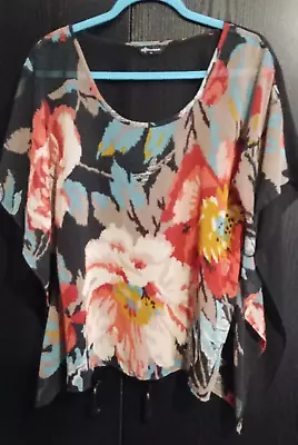 Short Sleeve Over-sized  Multi-coloured Sheer Floral Top Size 10 Uk • £6.99