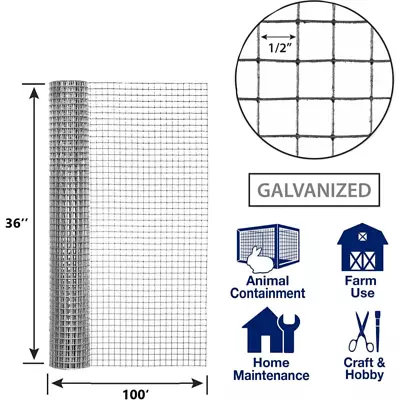 Hardware Cloth 1/2in 36/48 ×100' Galvanized Chicken Wire Fence Welded Mesh Roll • $87.95