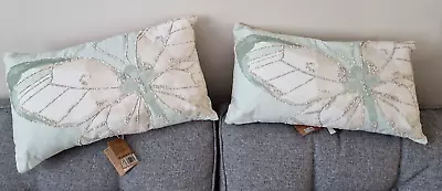 Butterfly Cushion X 2  Rectangle Beige N Green Beaded Back Ties Tesco 12 X 20  • £11.99
