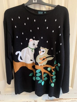 £9.95 • Buy Vintage Dash Character Black Jumper Owl And Pussy Cat Size 14
