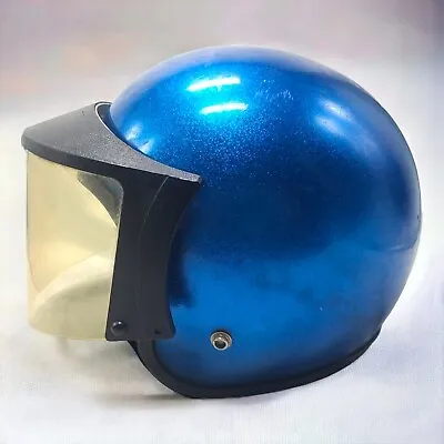 VINTAGE 1960s-70s BLUE METAL FLAKE Helmet With Visor Shield  • $40