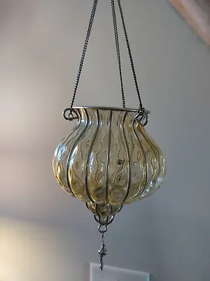 Hanging Lantern Thick Amber Glass Moroccan Style Candle Holder Lamp • $24.95