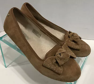 UGG Alloway Brown Suede Wool Lined Studded Bow Ballet Flat Shoes Women’s 7.5 • $9.99