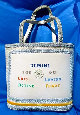 CANVAS GEMINI HOROSCOPE FLAT BOTTOM Handbag W/ Built In Clutch JR FLORIDA  Vtg • $49.73