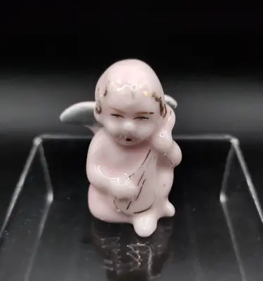 Vintage Miniature Pink Cherub Playing Lute Gold Accented Silver Winged Japan • $5