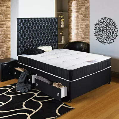 Black Divan Bed + Ortho Damask Mattress + H/b 6ft 5ft 4ft6 4ft 3ft6 3ft 2ft6 • £369.99