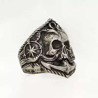 Compass Skull 925 Sterling Silver Oxidized Biker Rider Bobber Mens Ring • $104.30