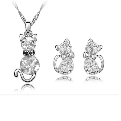 £5.49 • Buy White Crystal Cute Cat Bridesmaid Party Jewellery Set Wedding Necklace Earrings