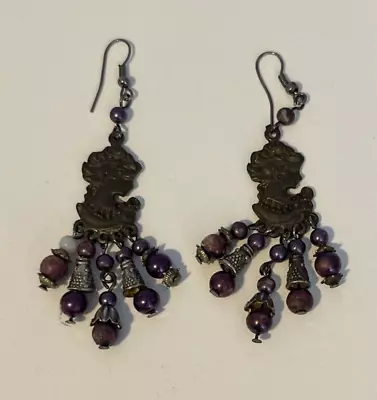 Ethnic Style Drop Earrings Elegant Ladies Head Purple Metal Beads Lightweight • $4