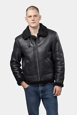 Men's Aviator Black B3 Real Shearling Sheepskin Leather Bomber Flying Fur Jacket • $203.50