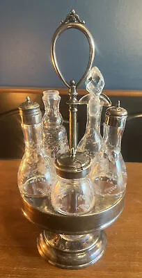 Vintage Condiment Caddy 5 Glass Bottle Set Cruet • $28