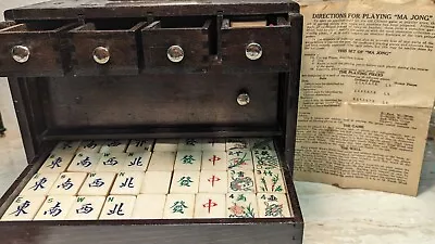 Antique Mahjong Mah Jong Set 144 Tiles Bamboo Bone Wood Chest Instructions Read • $398.98