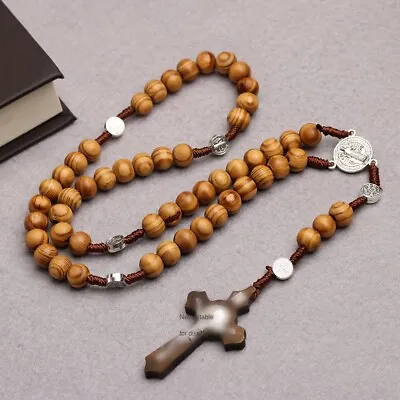 Wood Beads Rosary Necklace Jesus Christ Wooden Necklace  Men Women Jewelry • £4.56