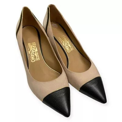 SALVATORE FERRAGAMO Beige Suede Black Leather Cap-Toe MELIDE Heels Pumps Sz. 9 • $157