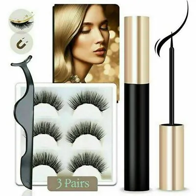 Magnetic Waterproof Eyeliner With 3 Pairs Set Eyelashes And Tweezer Long Lushes  • £3.99