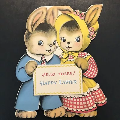 Vtg EASTER Card DieCut Cute Anthropomorphic Bunny Couple Hello There Happy Easte • $5