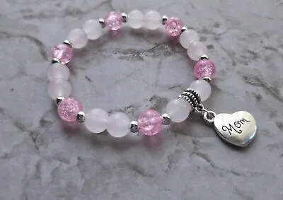 Pink Bracelet For Mum Handmade Gift Silver Present Stretchy For Women *UK* • £4