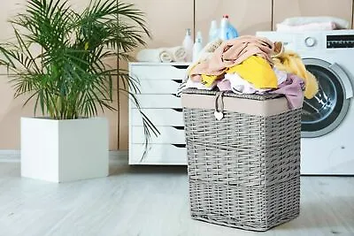 Wickerfield Laundry Wicker Basket Cotton Lining With Lid Bathroom Storage • £31.99