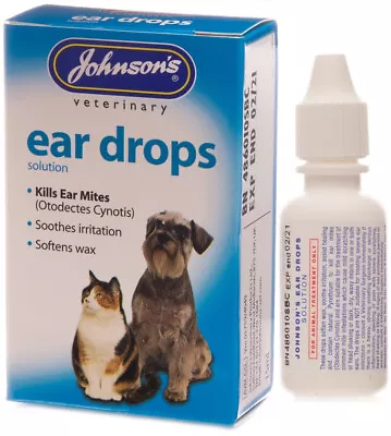 JOHNSONS EAR DROPS DOGS CATS PETS SOOTHES ITCHING WAX SOLUTION KILLS MITES 15ml • £4.95